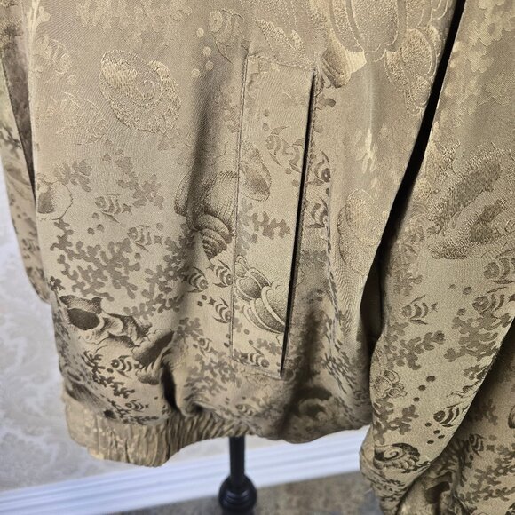 FUDA International Sz Large Olive Green 100% Silk Bomber Jacket Seashell Pattern - Picture 5 of 14